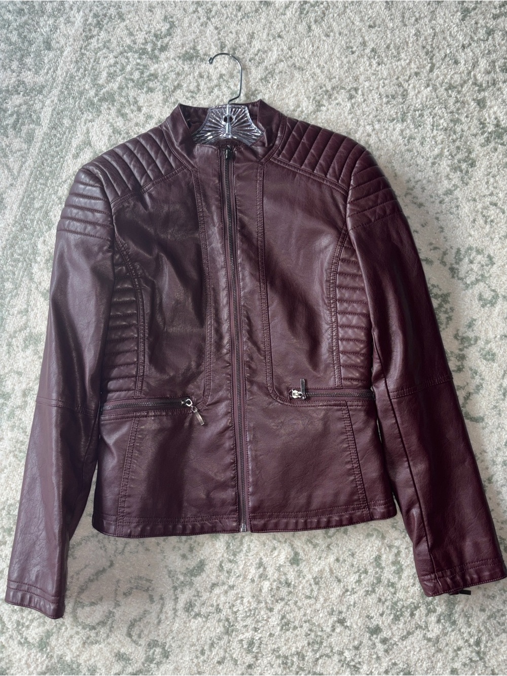Faux Leather Moto Jacket in Deep Burgundy